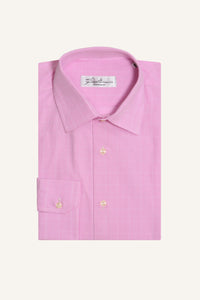 Men’s pink Prince of Wales check poplin shirt with Italian spread collar, flat lay