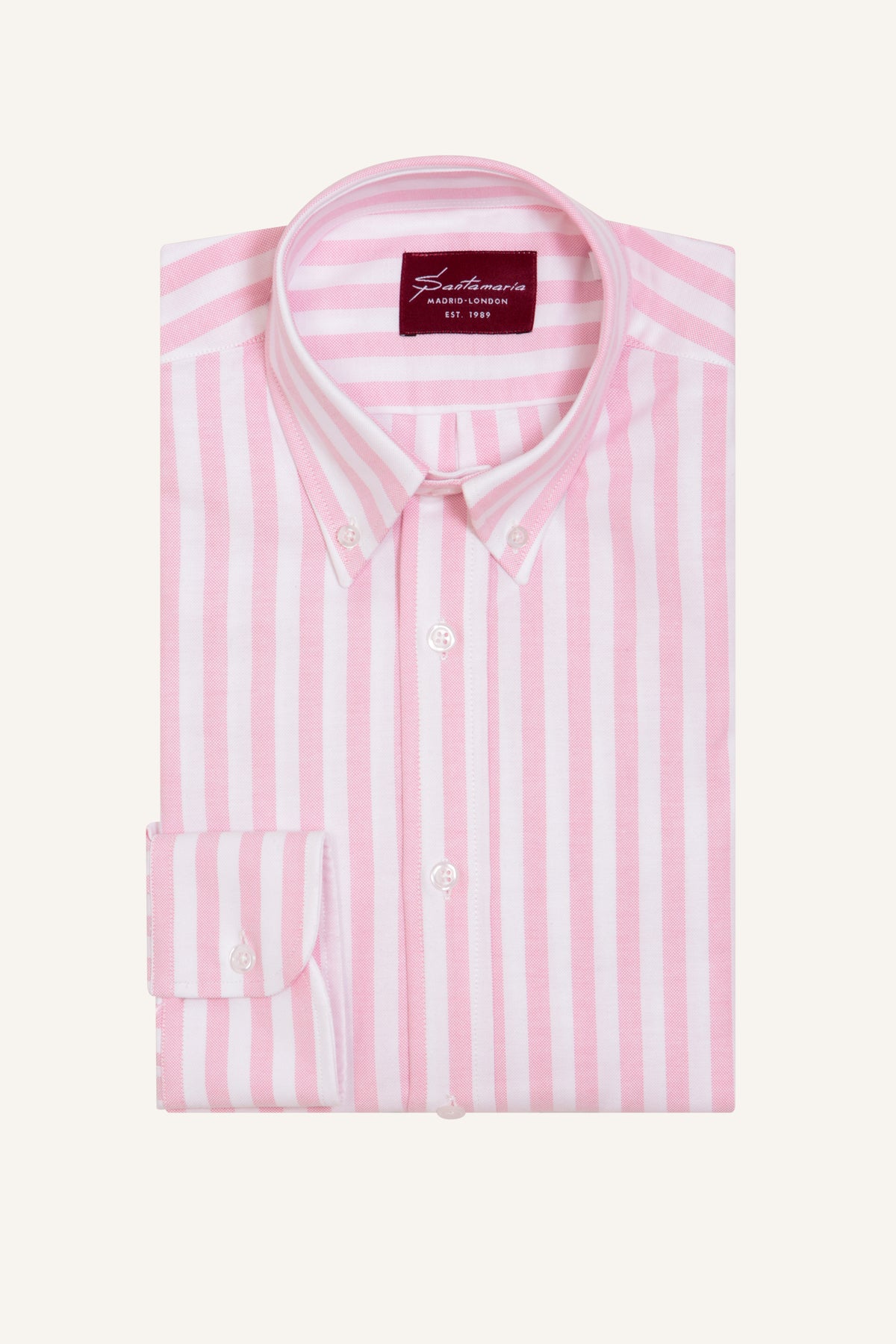 Pink wide stripe Oxford shirt with button-down collar, flat lay