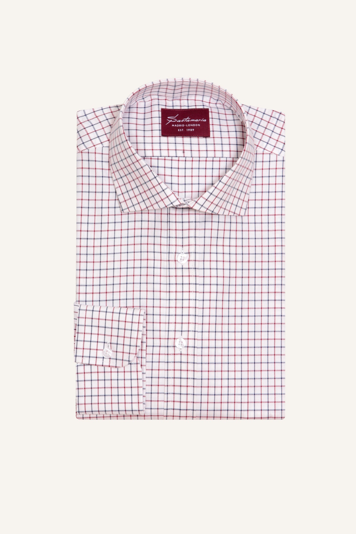 Men’s red and navy check flannel shirt with Italian spread collar, flat lay