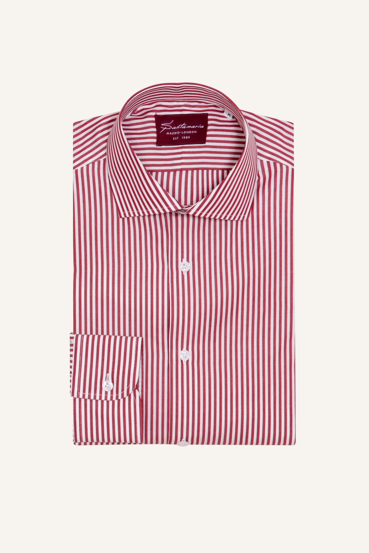 Red stripe poplin shirt with Italian spread collar, flat lay