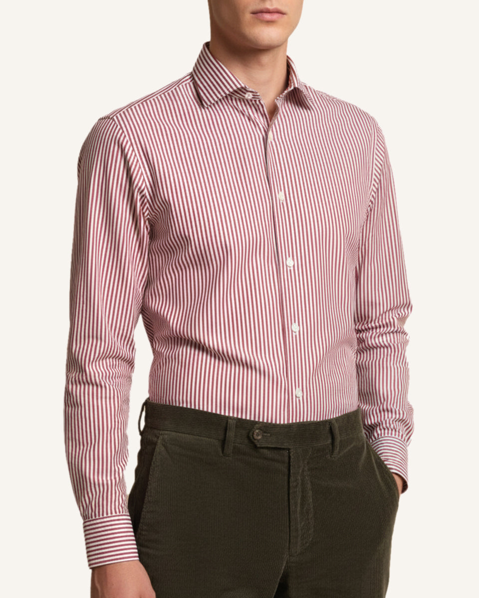 Men’s red stripe poplin shirt with Italian spread collar, worn