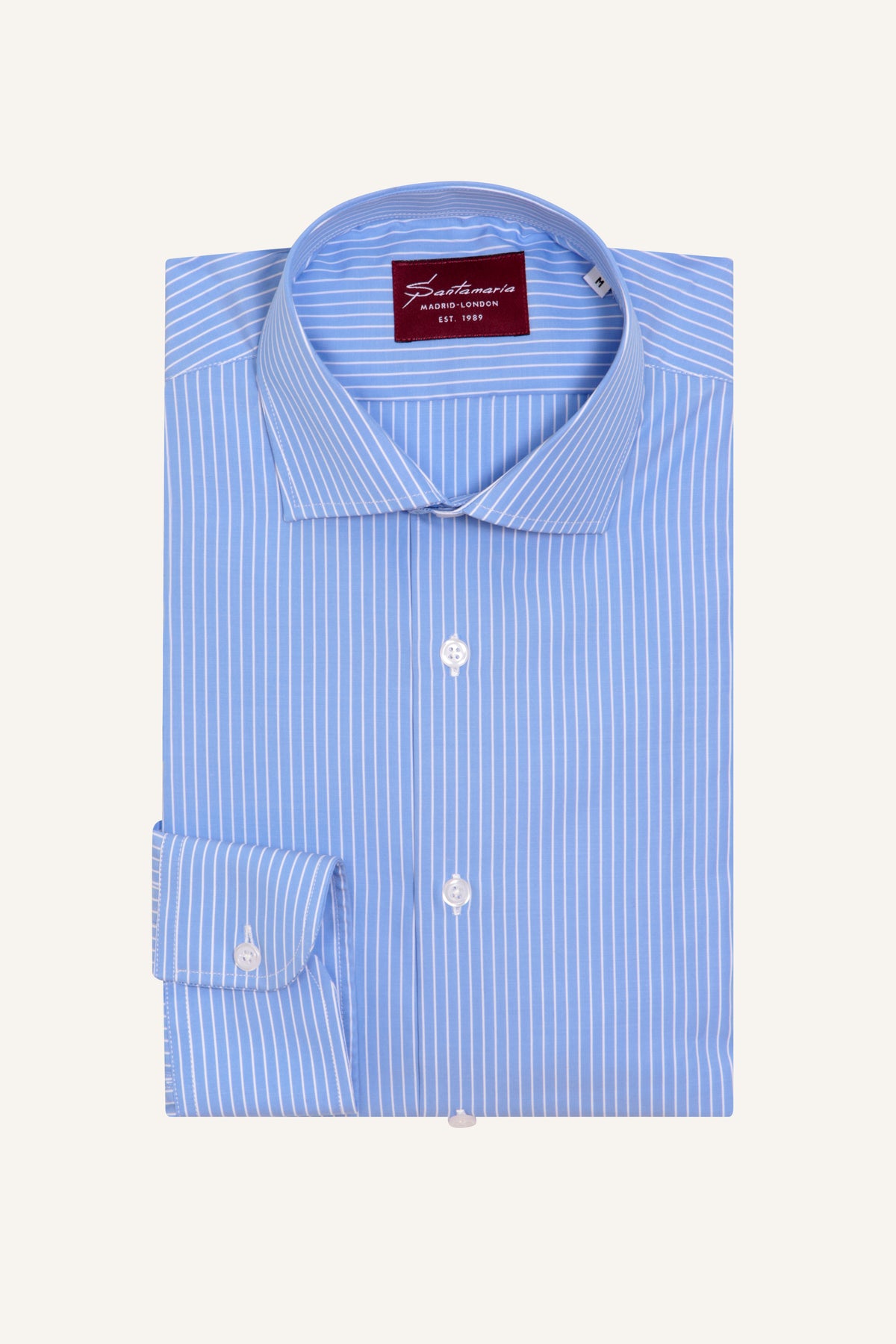 Sky blue pinstripe poplin shirt, flat lay