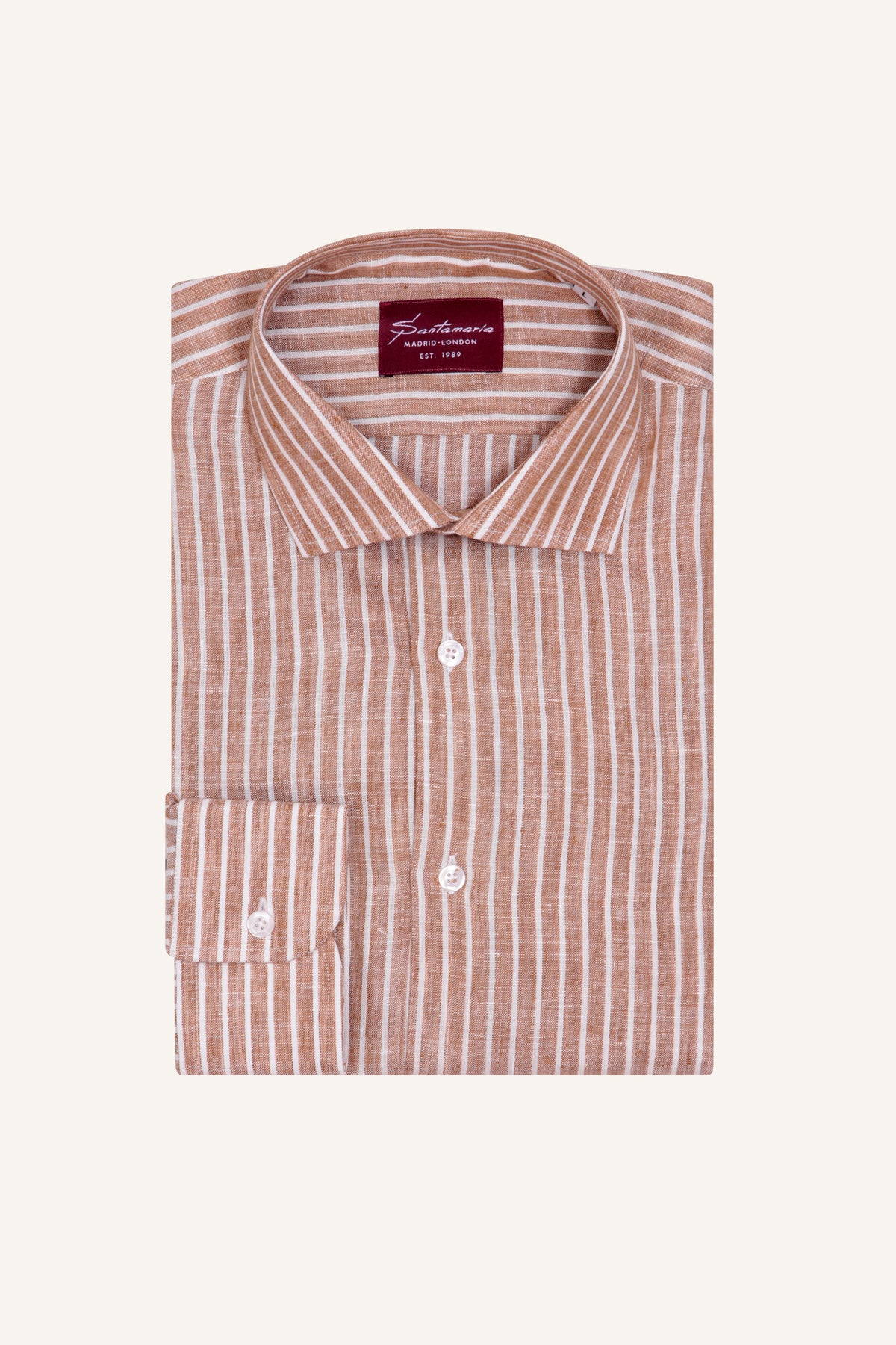 Tan stripe linen shirt with Italian spread collar, flat lay