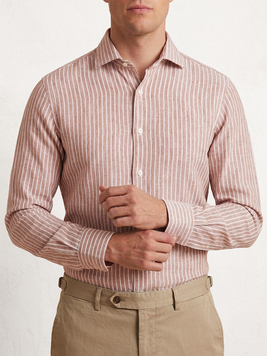 Men’s tan stripe linen shirt with Italian spread collar, worn