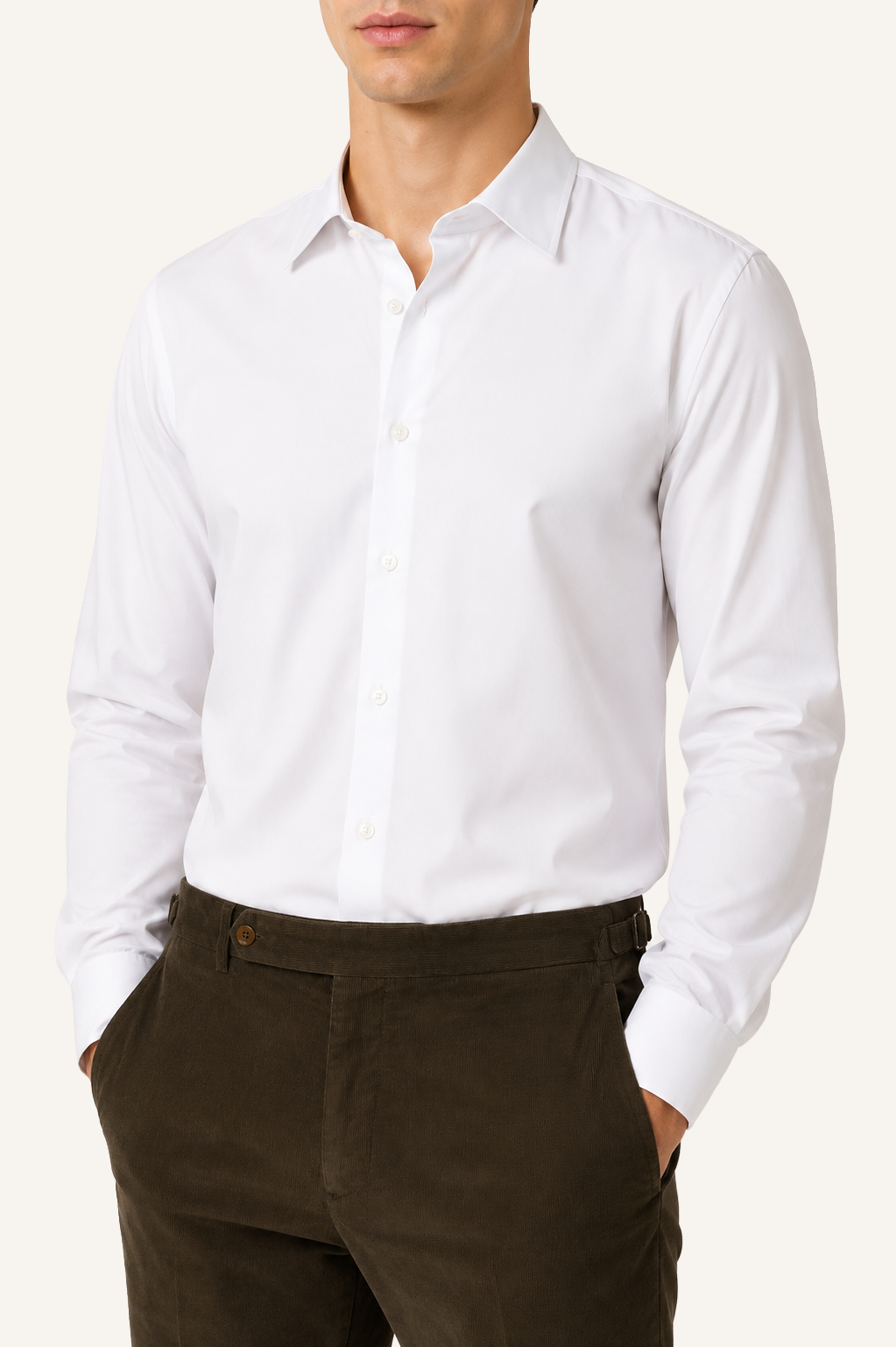 Men’s white easy-iron poplin shirt with Italian spread collar, worn