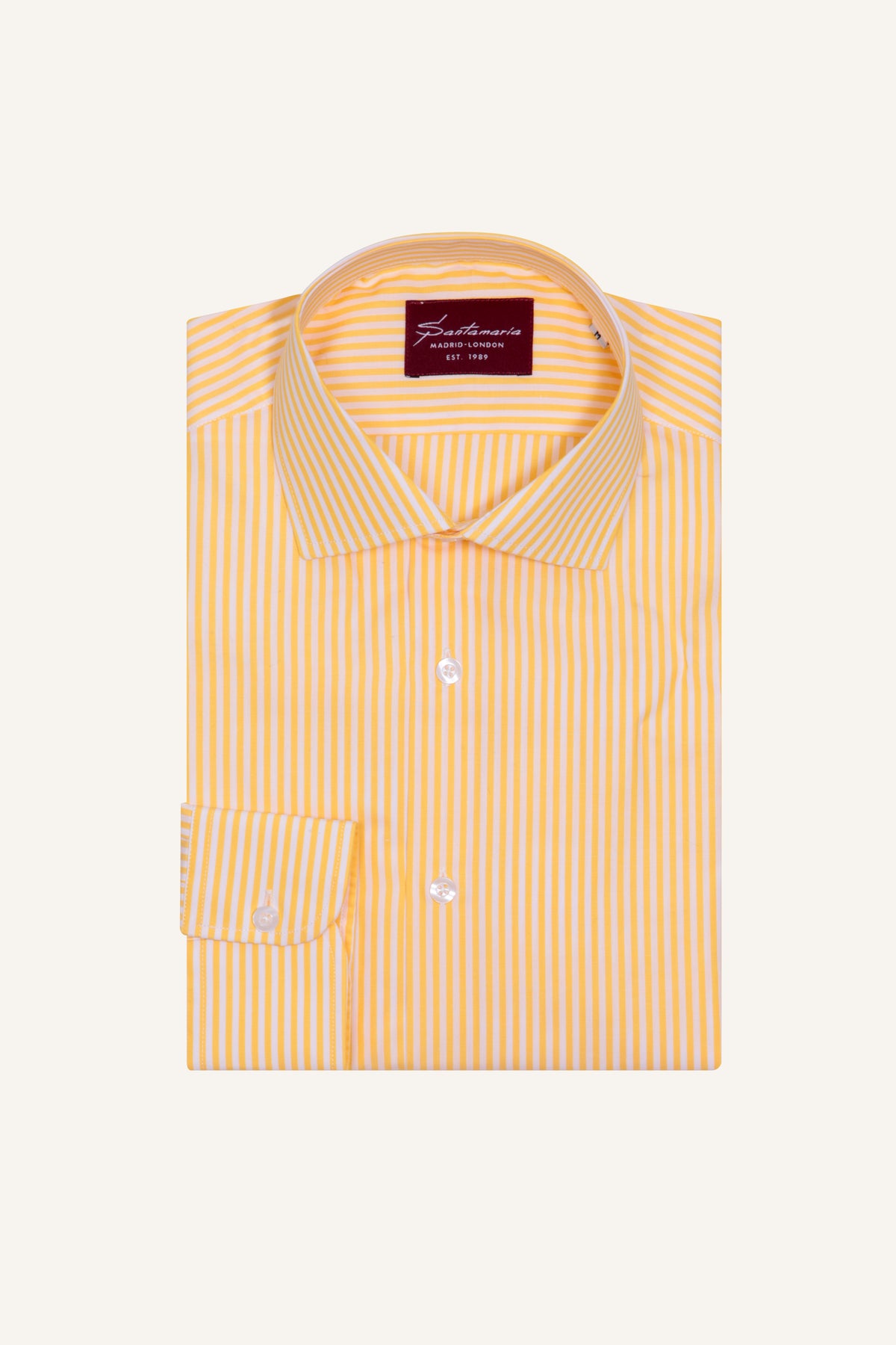 Yellow stripe poplin shirt with Italian spread collar, flat lay