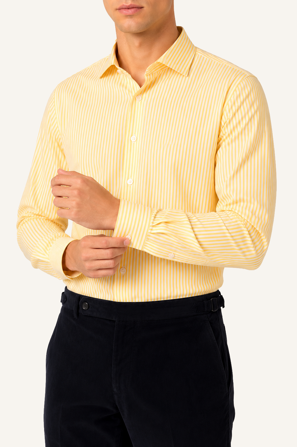 Men’s yellow stripe poplin shirt with Italian spread collar, worn
